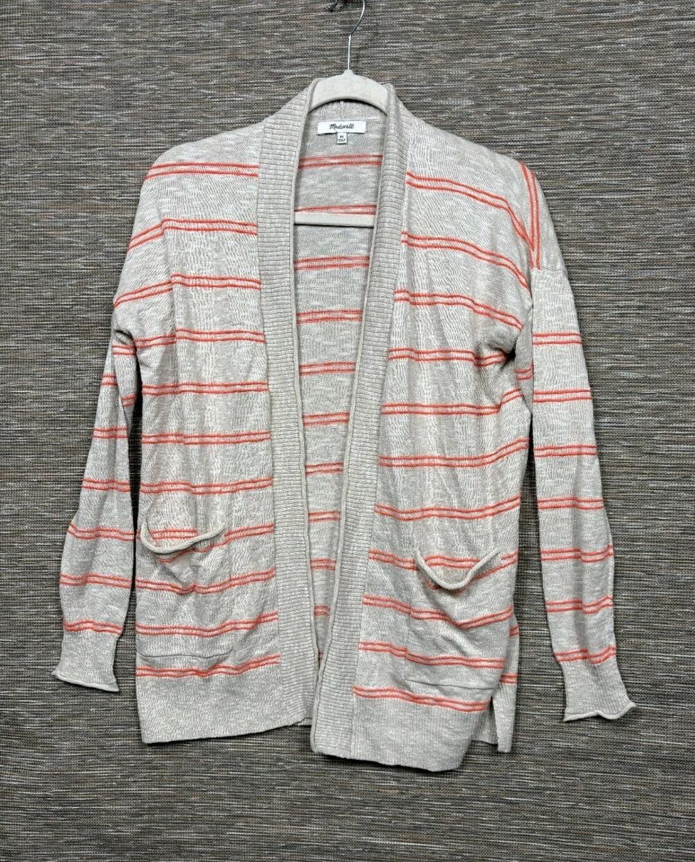 Madewell Open Front Cardigan Sweater Womens Size XS Beige Coral Striped Knitted